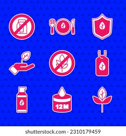 Set Gluten free grain, Organic cosmetic, Leaf or leaves, Vegan food diet, Plant hand,  and No pack of milk icon. Vector