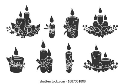 Set of glyph Christmas candles with poinsettia, cone, mistletoe. Festive candle with berries, leaves. Traditional fire, symbol New Year holiday. Decor elements. Isolated on white vector illustration