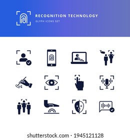 Set of glyph icons - biometric authorization, identification and verification symbols. Fingerprint recognition, eye and palm scanning, face and voice authentication. Vector icons on a white background