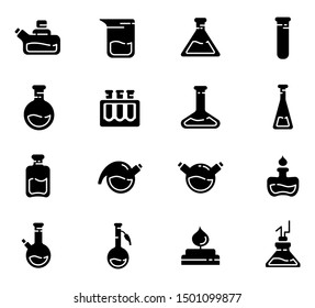 set of glyph  icons - laboratory flasks, measuring cup and test tubes for diagnosis, analysis, scientific experiment. Chemical lab and equipment. Isolated vector objects or signs