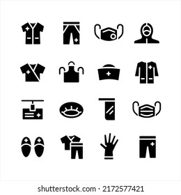 Set of glyph icons of medical uniforms clothing and accessories