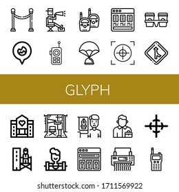 Set of glyph icons. Such as Separator, Fire location, Director, Walkie talkie, Parachute, Price list, Crosshair, Cup carrier, Merge, Hospice, Supervisor, Weighlifter , glyph icons