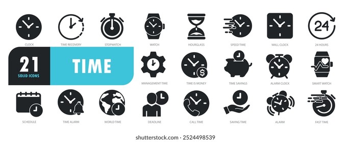 Conjunto de ícones sólidos de glifo relacionados a hora, relógio, calendário, temporizador. Coleção de ícones sólidos de glifo. Ilustração vetorial.