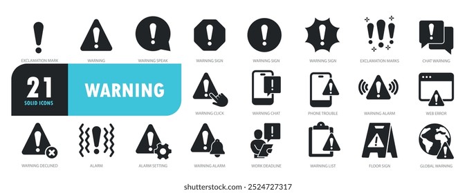 Satz von Symbolen mit durchgezogenen Symbolen für Warnung, Warnung, Ausrufezeichen, Warnzeichen. Kollektion von durchgezogenen Symbolen für Glyphen. Vektorgrafik.