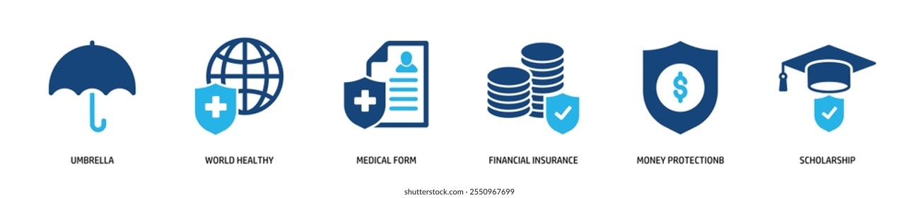 Conjunto de iconos sólidos de glifos relacionados con seguros, riesgos, seguridad, protección. Pixel perfecto sobre fondo transparente