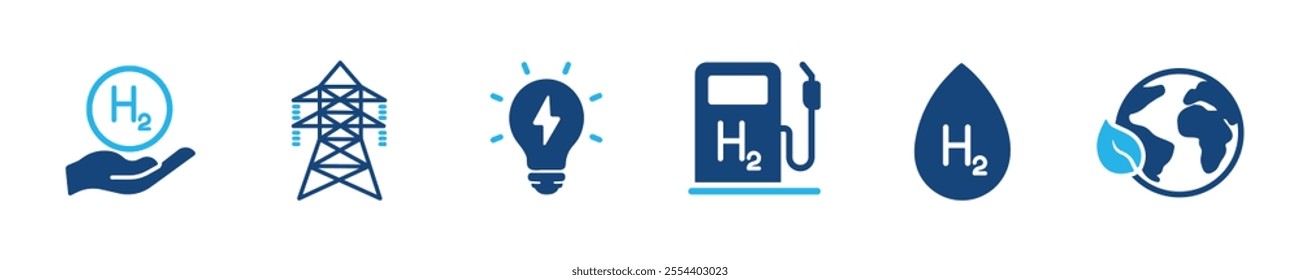 Set of glyph solid icons related hydrogen, gas, water, energy. Perfect pixel on transparent background
