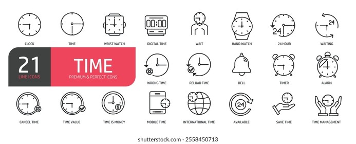 Set of glyph solid icons related to time, clock, calendar, timer. Glyph solid icons collection. Vector illustration.