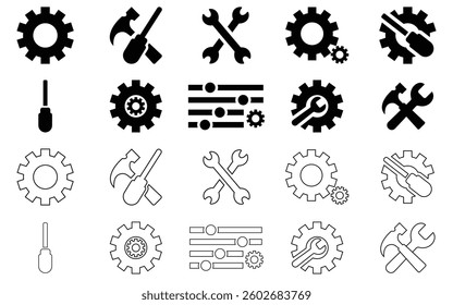 Set of glyph solid icons related to repair, screwdriver, engineer, support, setup. Glyph solid icons collection. Vector illustration.
