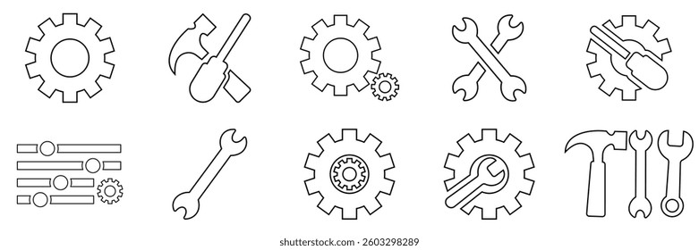 Set of glyph solid icons related to repair, screwdriver, engineer, support, setup. Glyph solid icons collection. Vector illustration.