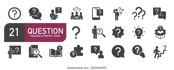 Set of glyph solid icons related to question, inforamtion, help, think. Glyph solid icons collection. Vector illustration