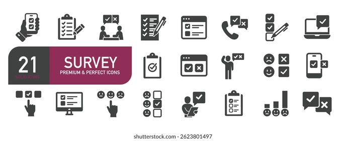 Set of glyph solid icons related to survey, questionnaire, option, checklist. Glyph solid icons collection. Vector illustration