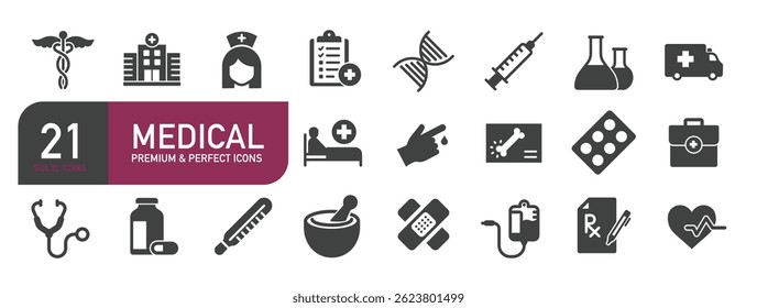 Conjunto de ícones sólidos de glifo relacionados a medicina, saúde, farmácia. Coleção de ícones sólidos de glifo. Ilustração vetorial