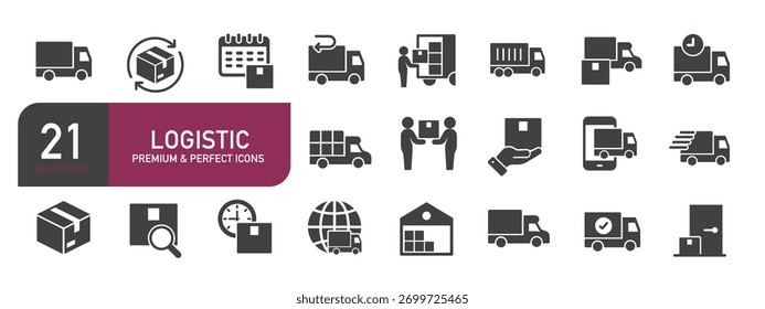 Satz von Symbolen mit durchgezogenem Symbol in Bezug auf logistische Zeichen. Kollektion von durchgezogenen Symbolen für Glyphen. Vektorgrafik