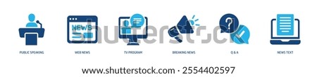 Set of glyph solid icons related journalism, news, mass media. Perfect pixel on transparent background