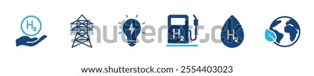 Set of glyph solid icons related hydrogen, gas, water, energy. Perfect pixel on transparent background