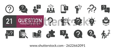 Set of glyph solid icons related to question, inforamtion, help, think. Glyph solid icons collection. Vector illustration