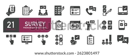 Set of glyph solid icons related to survey, questionnaire, option, checklist. Glyph solid icons collection. Vector illustration