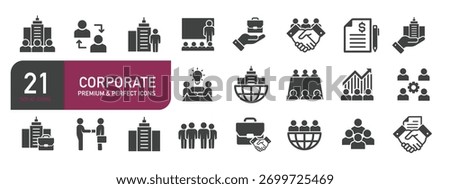 Set of glyph solid icons related to corporate. Glyph solid icons collection. Vector illustration