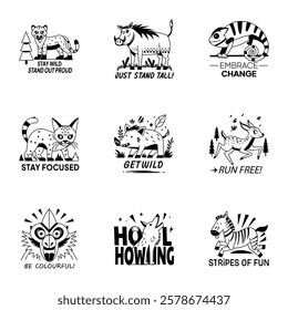 Set of Glyph Style Animal Character Stickers
