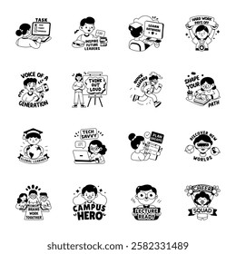 Set of Glyph Style Educational Stickers 