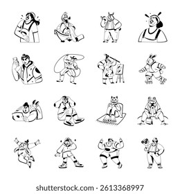 Set of Glyph Style Funny And Weird Characters Illustrations 
