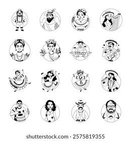 Set of Glyph Style Mexican Cultural Characters Illustrations 

