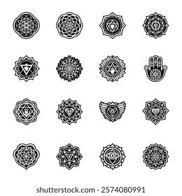 Set of Glyph Style Religious Chakra Symbols Icons 

