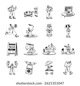 Set of Glyph Style Restaurant Delivery Illustrations
