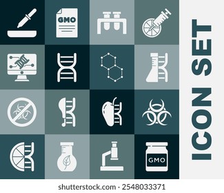 Set GMO, Biohazard symbol, DNA research, search, Test tube and flask, Genetic engineering modification, Pipette and Chemical formula icon. Vector