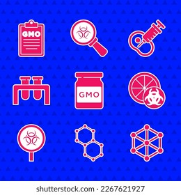 Set GMO, Chemical formula, Genetically modified orange, Biohazard and magnifying glass, Test tube flask, meat and  icon. Vector