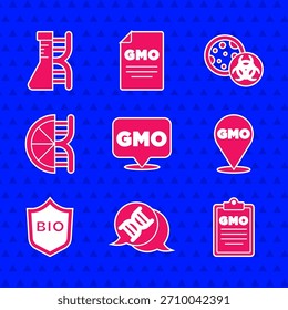 Conjunto de OMG, símbolo de ADN, escudo para alimentos bio saludables, naranja modificada genéticamente e investigación, icono de búsqueda. Vector