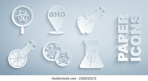 Ajuste el GMO, la manzana modificada genéticamente, el naranja, el tubo de ensayo y el matraz, y el icono de la lupa de Biohazard. Vector