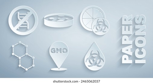 Set GMO, naranja modificado genéticamente, fórmula química, placa de Petri con bacterias e icono de Stop. Vector