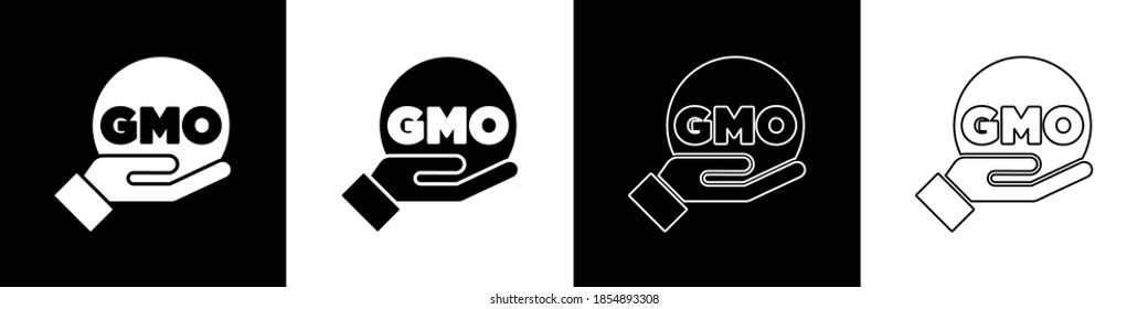 Set GMO icon isolated on black and white background. Genetically modified organism acronym. Dna food modification.  Vector