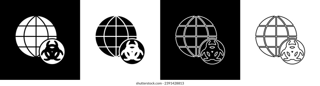 Set GMO icon isolated on black and white background. Genetically modified organism acronym. Dna food modification.  Vector