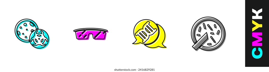 Establezca GMO, Gafas de laboratorio, símbolo de ADN y placa de Petri con icono bacteriano. Vector