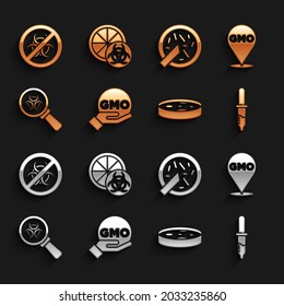 Set GMO, Pipette, Petri dish with bacteria, Biohazard and magnifying glass, Stop and Genetically modified orange icon. Vector