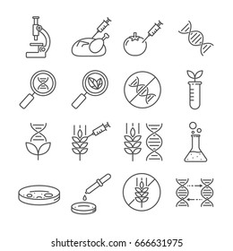 Set of GMO Related Vector Line Icons. Contains such icon as  chemicals, environment, environmental safety, genetic code, DNA, transgenes, hemo modified organisms