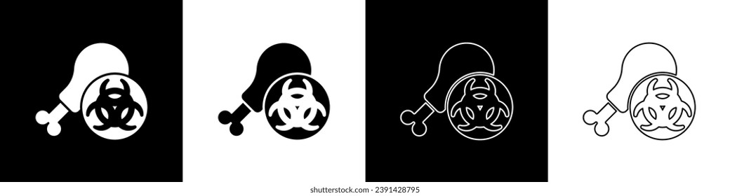Set Gmo research chicken icon isolated on black and white background. Syringe being injected to chicken.  Vector