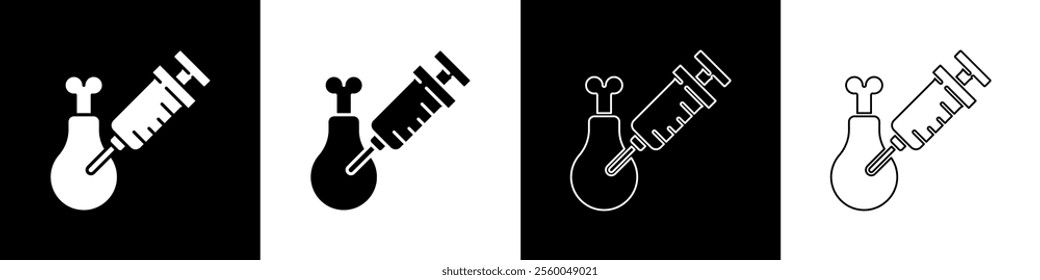 Set Gmo research chicken icon isolated on black and white background. Syringe being injected to chicken.  Vector