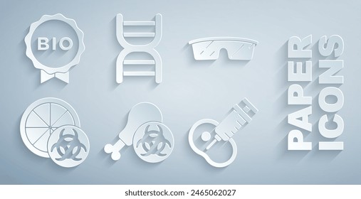 Set Gmo research chicken, Laboratory glasses, Genetically modified orange, meat, DNA symbol and Label for bio healthy food icon. Vector