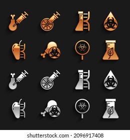 Set Gmo research chicken, GMO, Test tube and flask, Biohazard magnifying glass, Genetically modified apple, DNA research,,  and orange icon. Vector