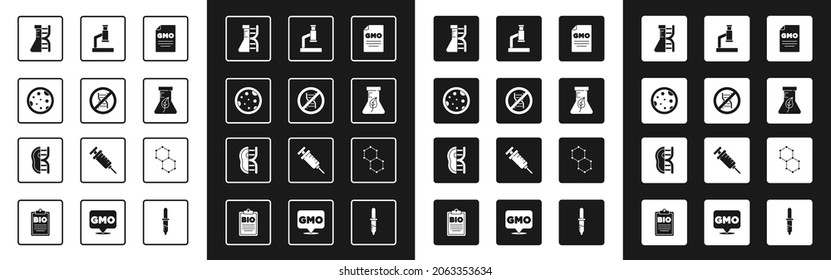 Set GMO, Stop, Petri dish with bacteria, DNA research, search, Test tube and flask, Microscope, Chemical formula and Genetically modified meat icon. Vector