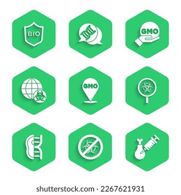 Set GMO, Stop, Gmo research chicken, Biohazard and magnifying glass, Genetically modified meat,  and Shield for bio healthy food icon. Vector