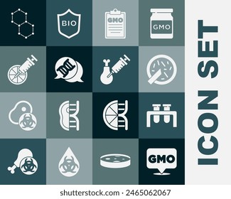 Set GMO, Test tube and flask, Petri dish with bacteria, DNA symbol, Genetically modified orange, Chemical formula and Gmo research chicken icon. Vector