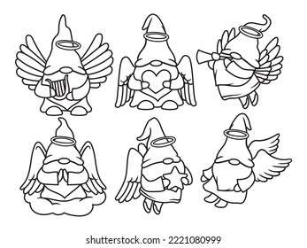 Set of gnome angels. Collection of cute fairytale holy gnomes with wings, halo, star. Cute gnomes with hearts. Vector illustration of creatures for Valentine's day.