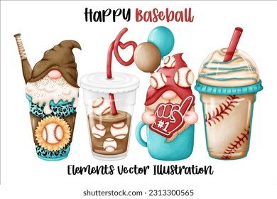 Set Gnome Baseball Coffee mug cheer Element Watercolor Vector File ,Clipart cartoon vintage-Retro style For banner, poster, card, t shirt, sticker