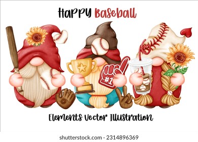 Set Gnome Baseball Coffee mug Trophy cheer and Sunflower Element Watercolor Vector File ,Clipart cartoon vintage-Retro style For banner, poster, card, t shirt, sticker