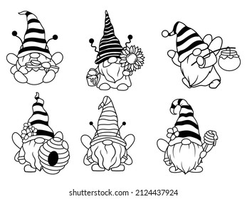 Set of gnome bee. Collection of garden gnome with a bouquet of sunflowers. Honey farms. Bee kind. Spring elves with hats. Vector illustration for children.