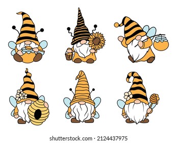 Set of gnome bee. Collection of garden gnome with a bouquet of sunflowers. Honey farms. Bee kind. Spring elves with hats. Vector illustration for children.